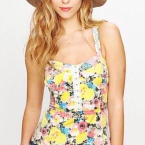 Free People Corset Peplum Top Coquette Cottagecore Floral sz 0 Pink Yellow - Picture 4 of 4